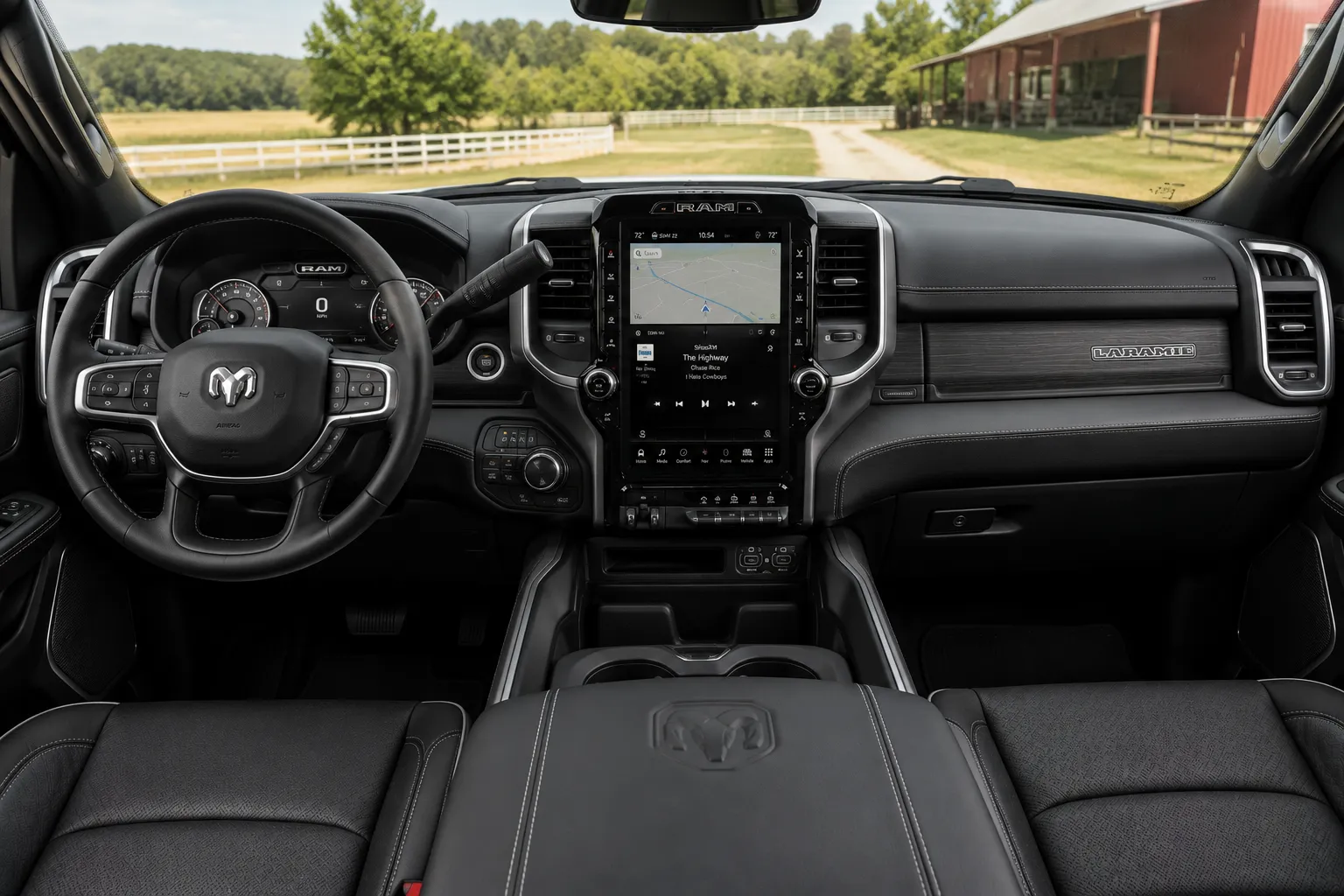 The dashboard and portrait touchscreen of a Ram 2500, lit by natural daylight.
