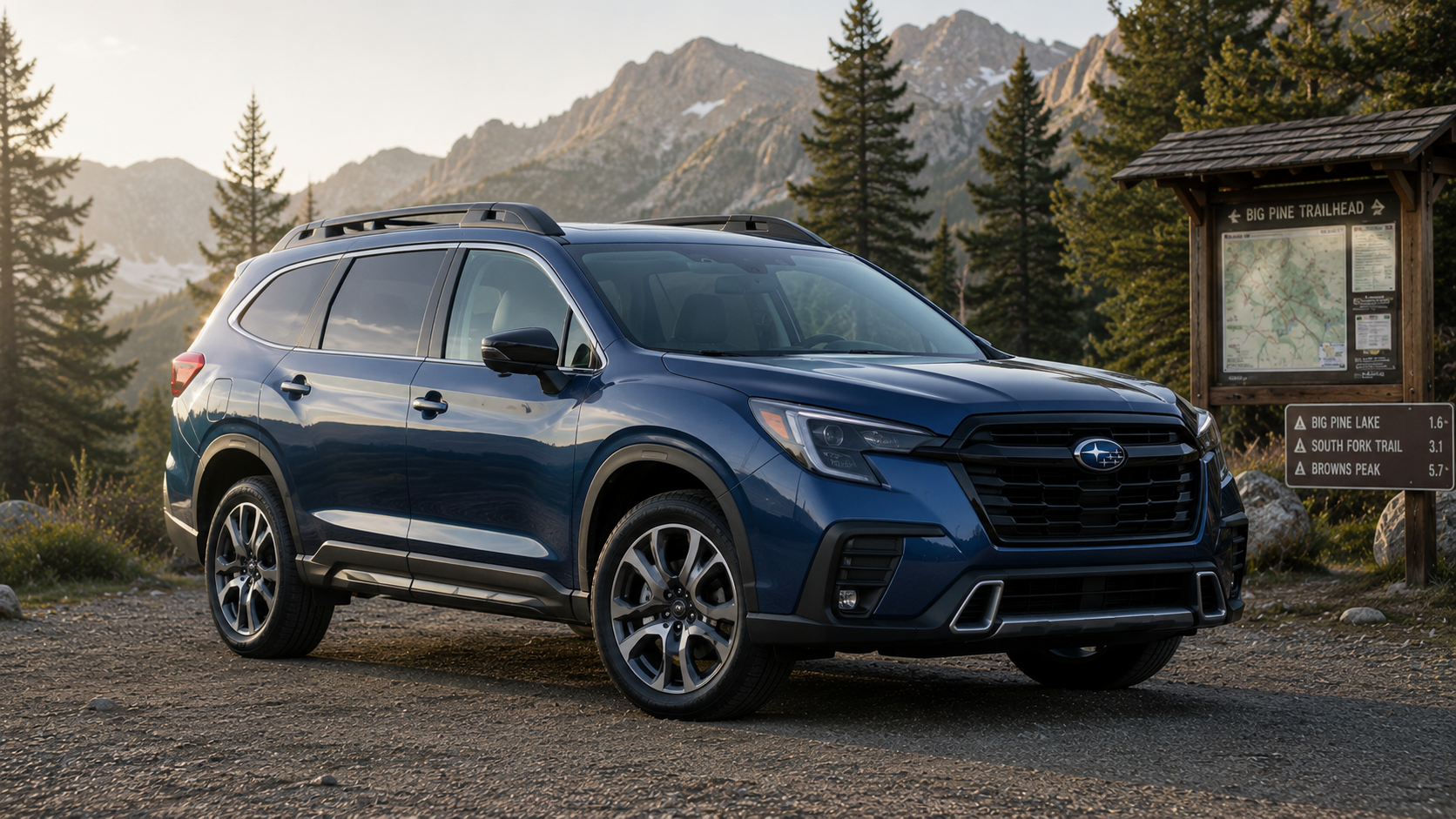 A blue 2026 Subaru Ascent 3-row SUV parked in front of a mountain trailhead in soft morning light, shot candidly at a three-quarter angle.