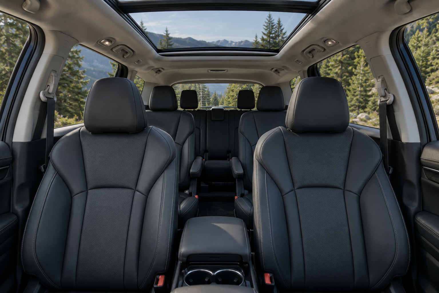 The three-row interior of a Subaru Ascent, lit by natural daylight through the panoramic sunroof.