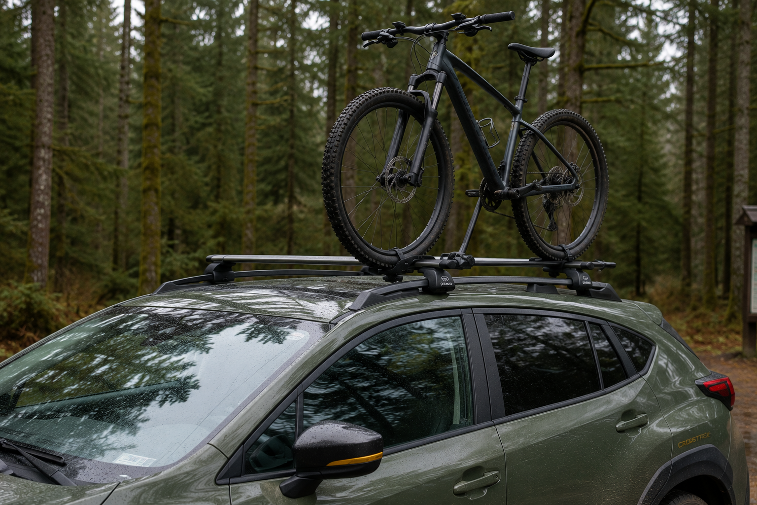 The Crosstrek's roof rack loaded with a bike, photographed in natural outdoor light.