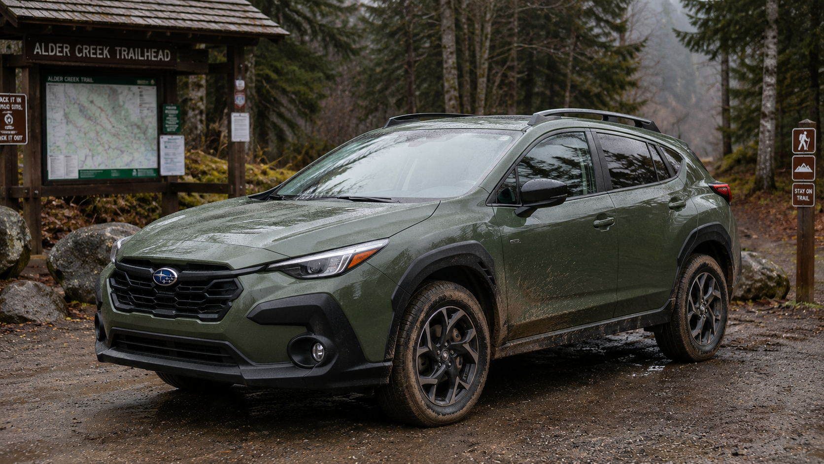 A green 2026 Subaru Crosstrek parked at a hiking trailhead with muddy tires, shot candidly in overcast daylight.