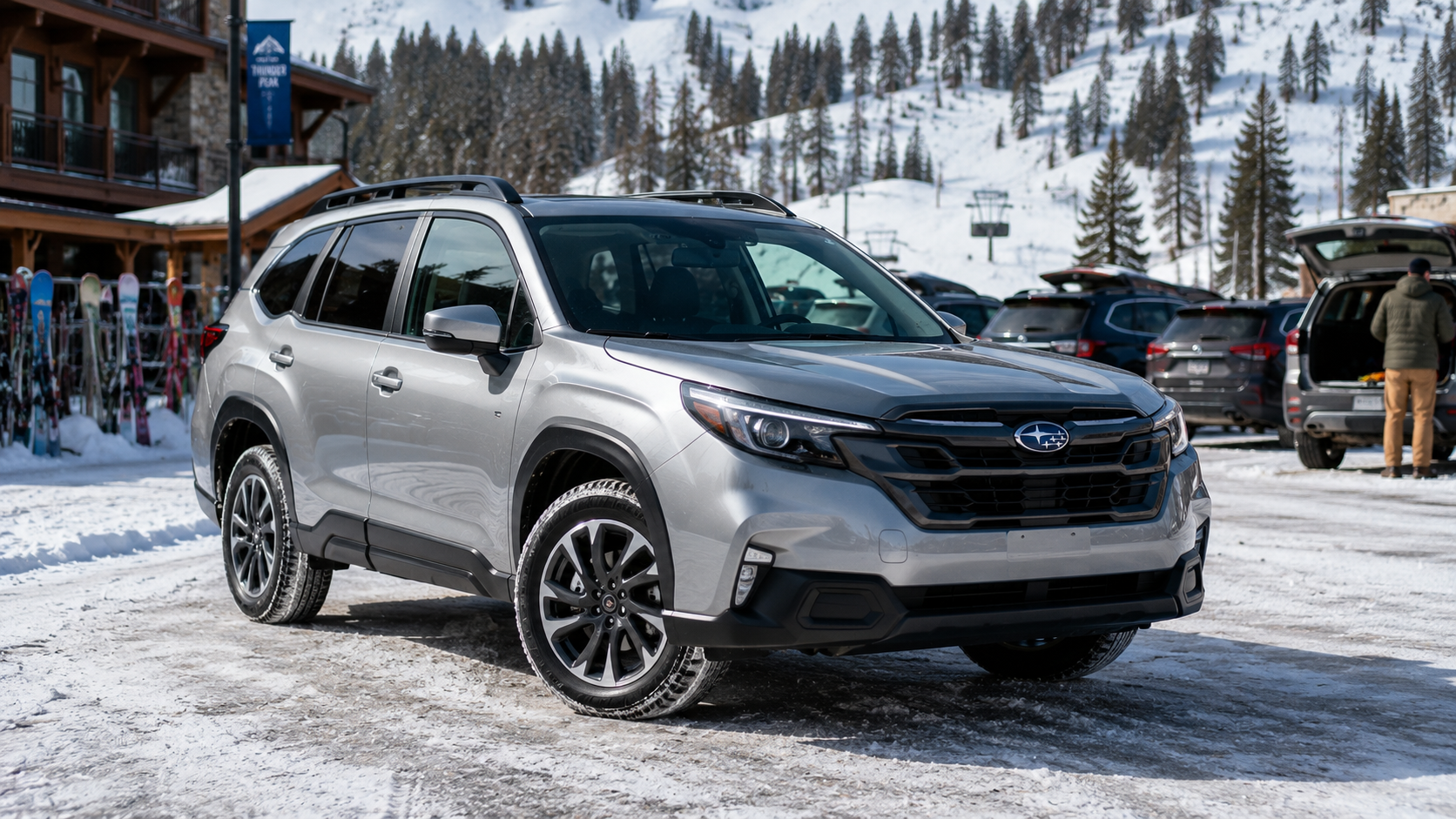 A silver 2026 Subaru Forester parked at a ski resort lot with snow on the ground, shot candidly in bright winter daylight.