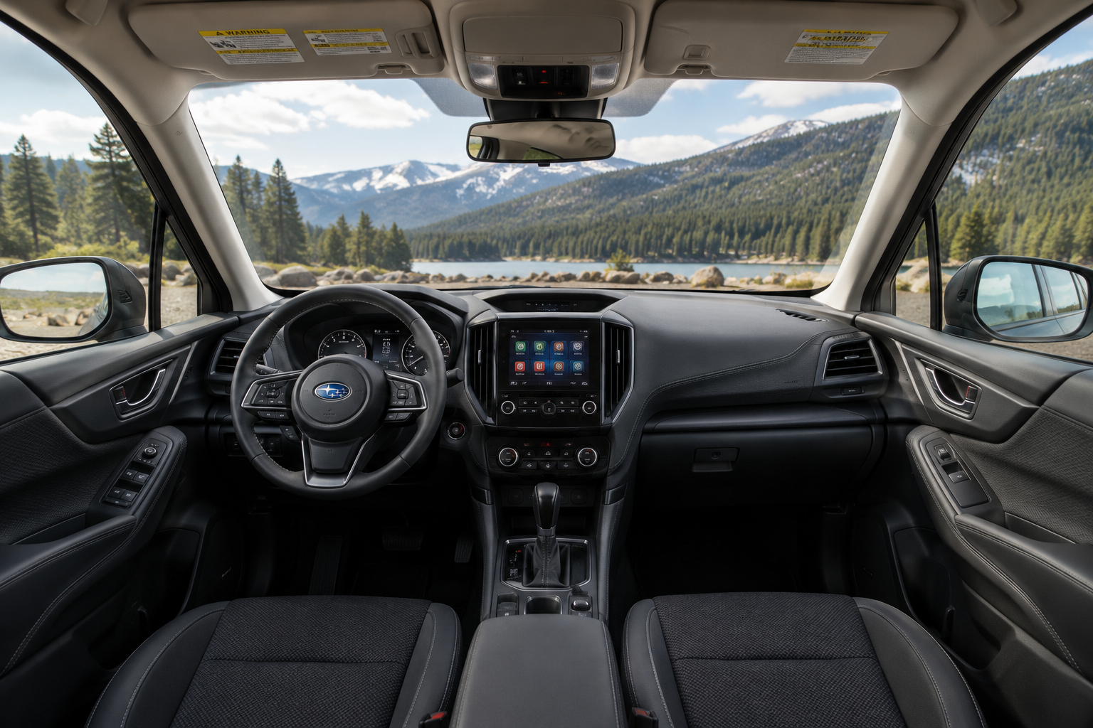 The Forester's tall, boxy cabin interior shown in natural daylight, emphasizing outward visibility.