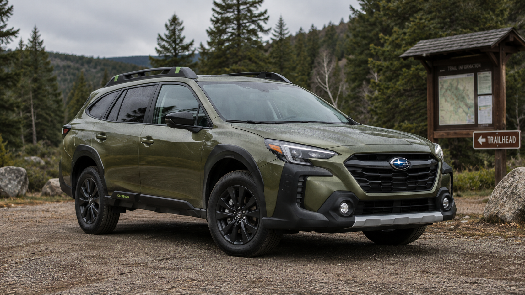 A green 2026 Subaru Outback wagon parked at a trailhead in overcast daylight, shot candidly at a three-quarter angle.