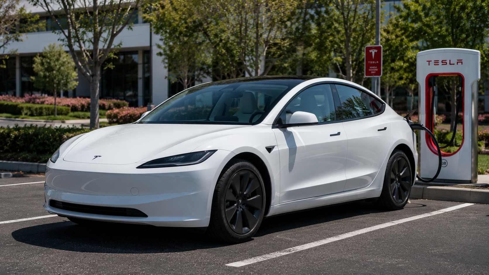 A white 2026 Tesla Model 3 parked at a public charging station in daylight, shot candidly with the charge cable connected.