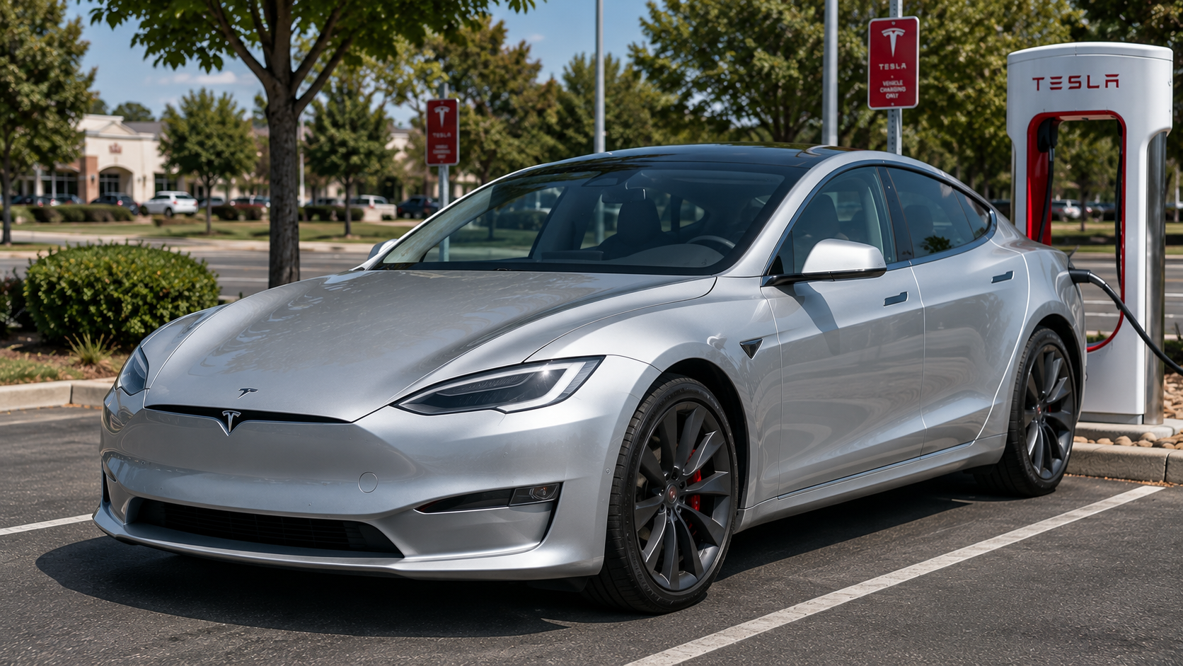 A silver 2026 Tesla Model S luxury sedan parked at a charging station in daylight, shot candidly at a three-quarter angle.