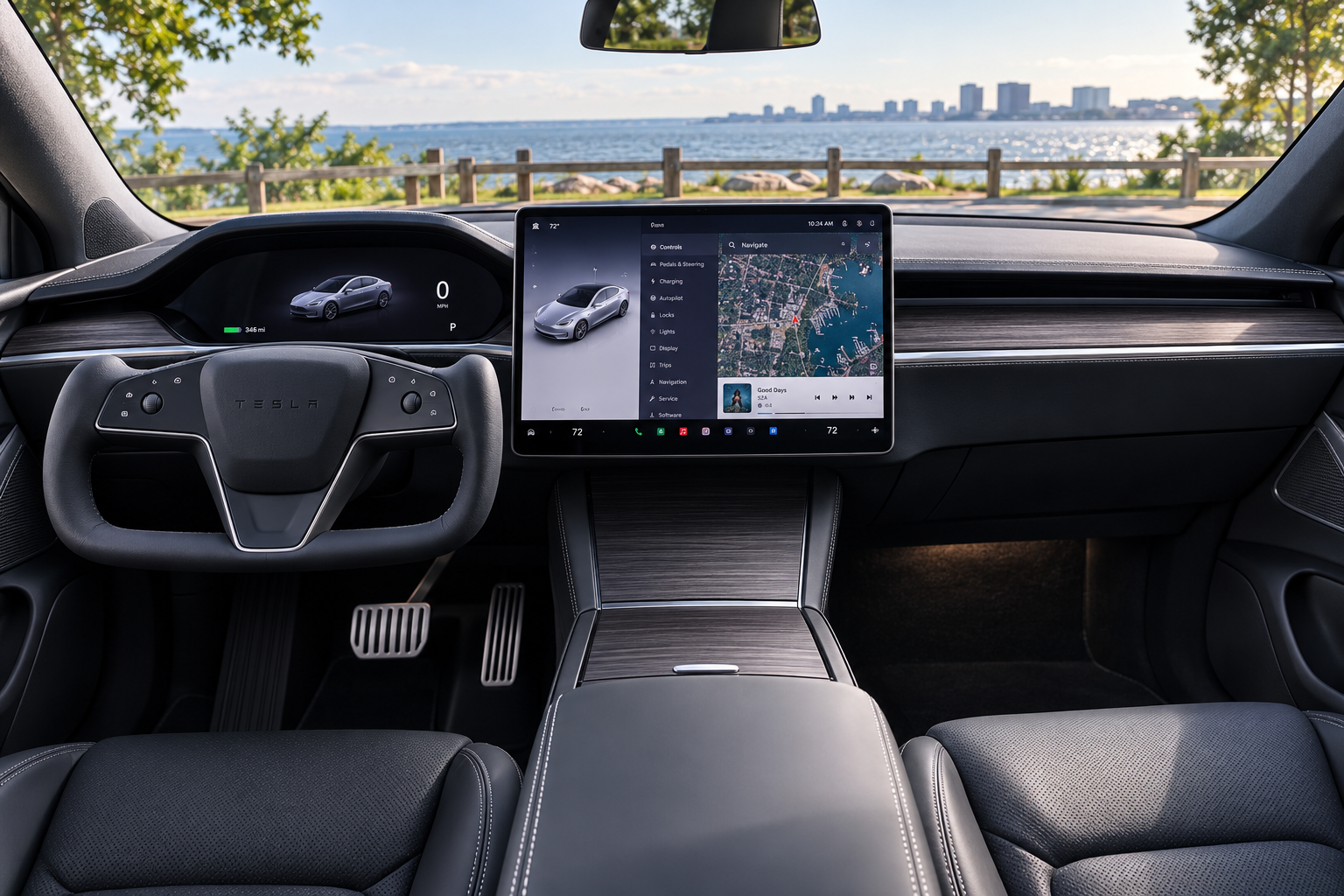 The minimalist dashboard and yoke steering wheel of a Tesla Model S, lit by natural daylight.