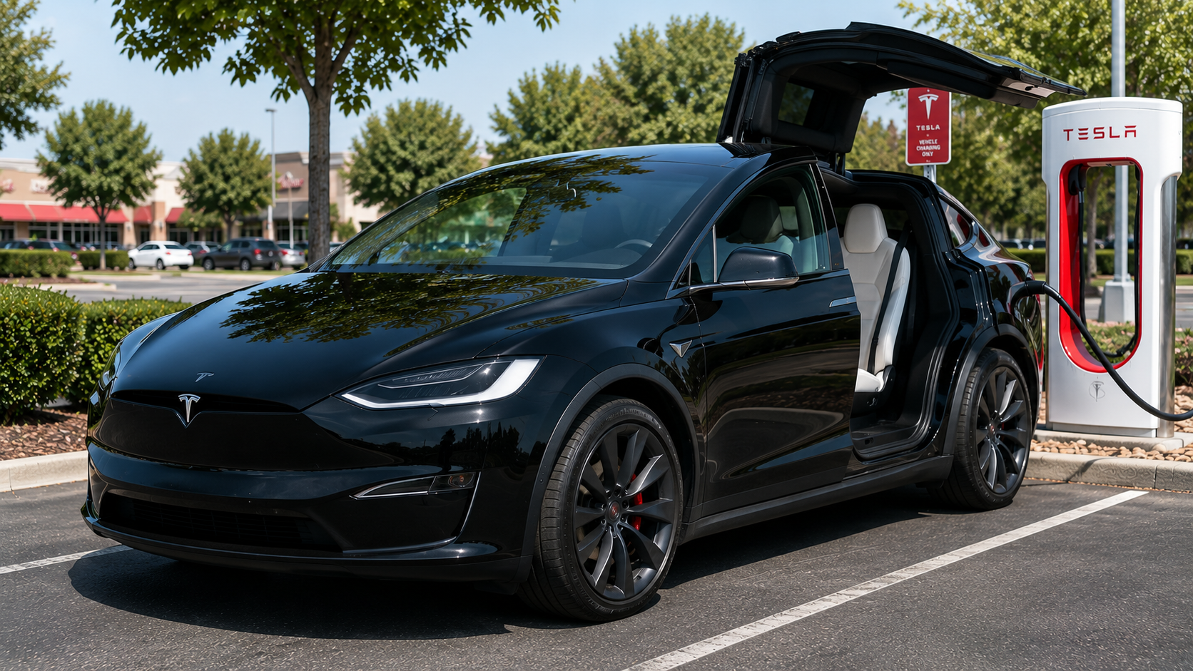 A black 2026 Tesla Model X SUV with a Falcon Wing door open, parked at a charging station in daylight, shot candidly at a three-quarter angle.