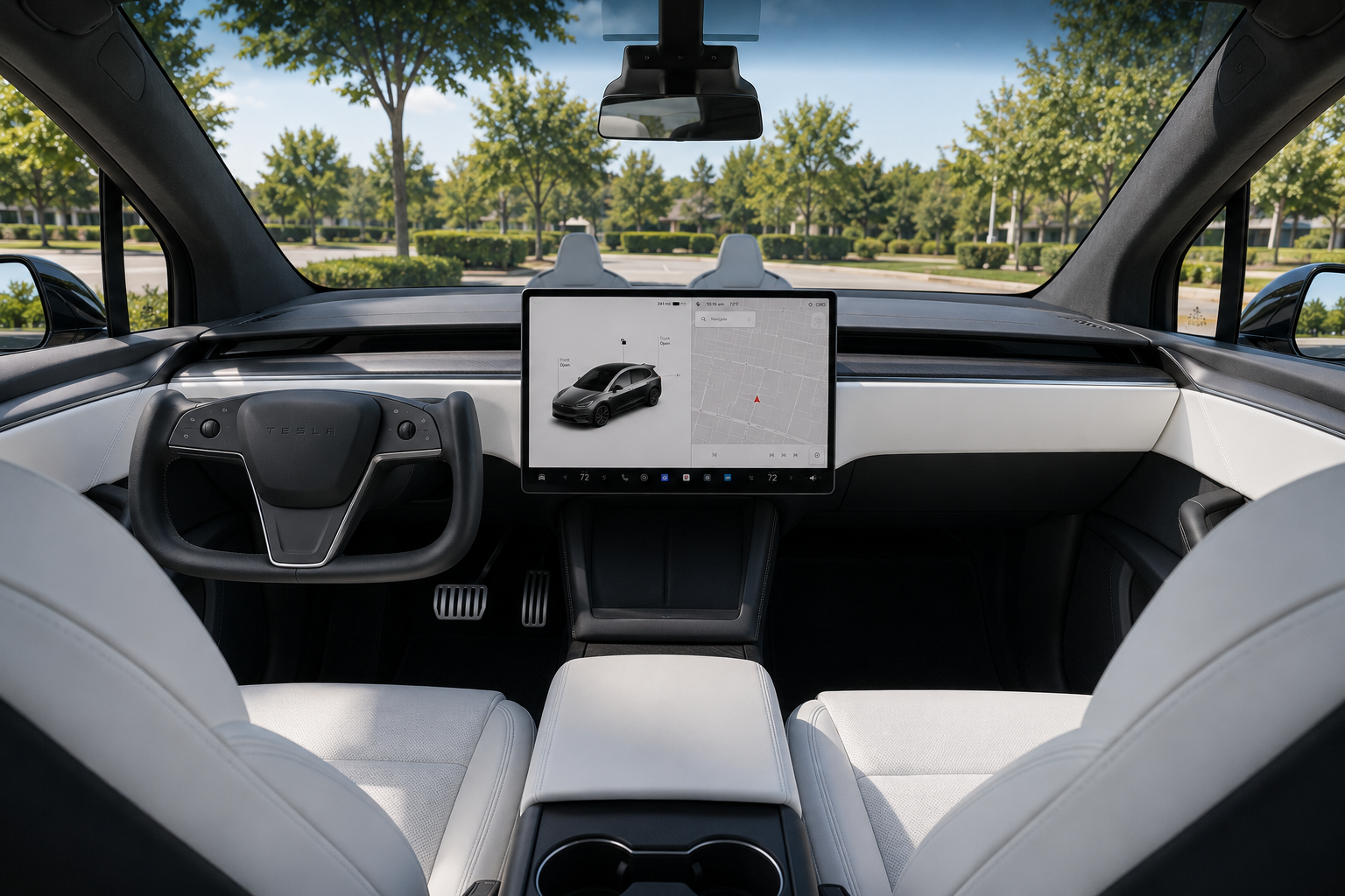 The minimalist three-row interior of a Tesla Model X, lit by natural daylight through the panoramic windshield.