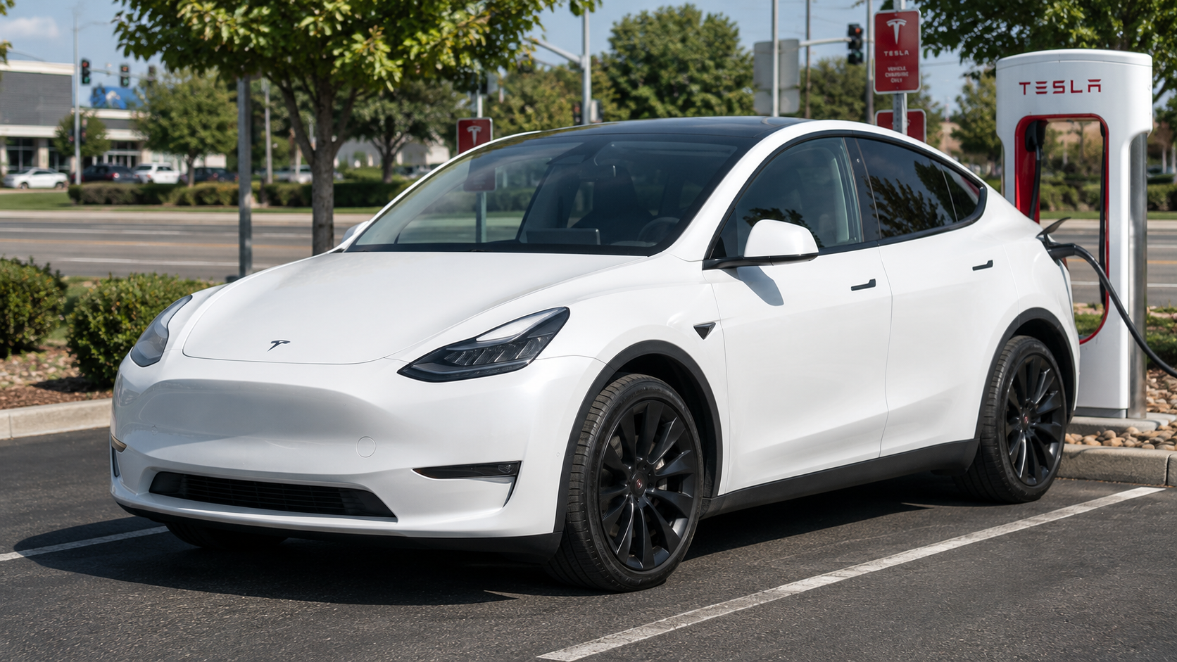 A white 2026 Tesla Model Y electric crossover parked at a charging station in daylight, shot candidly at a three-quarter angle.