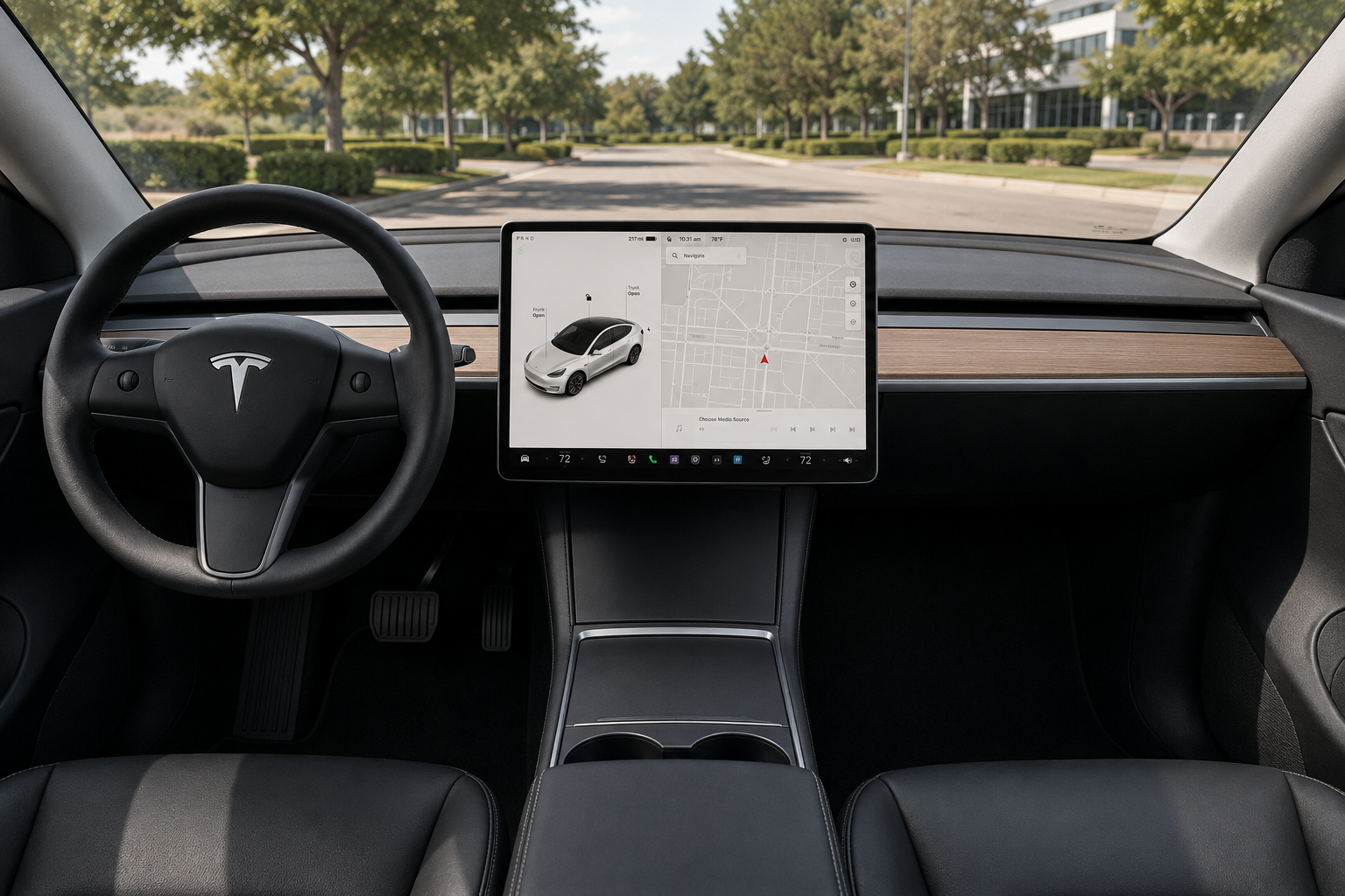 The minimalist single-screen dashboard of a Tesla Model Y, lit by natural daylight.