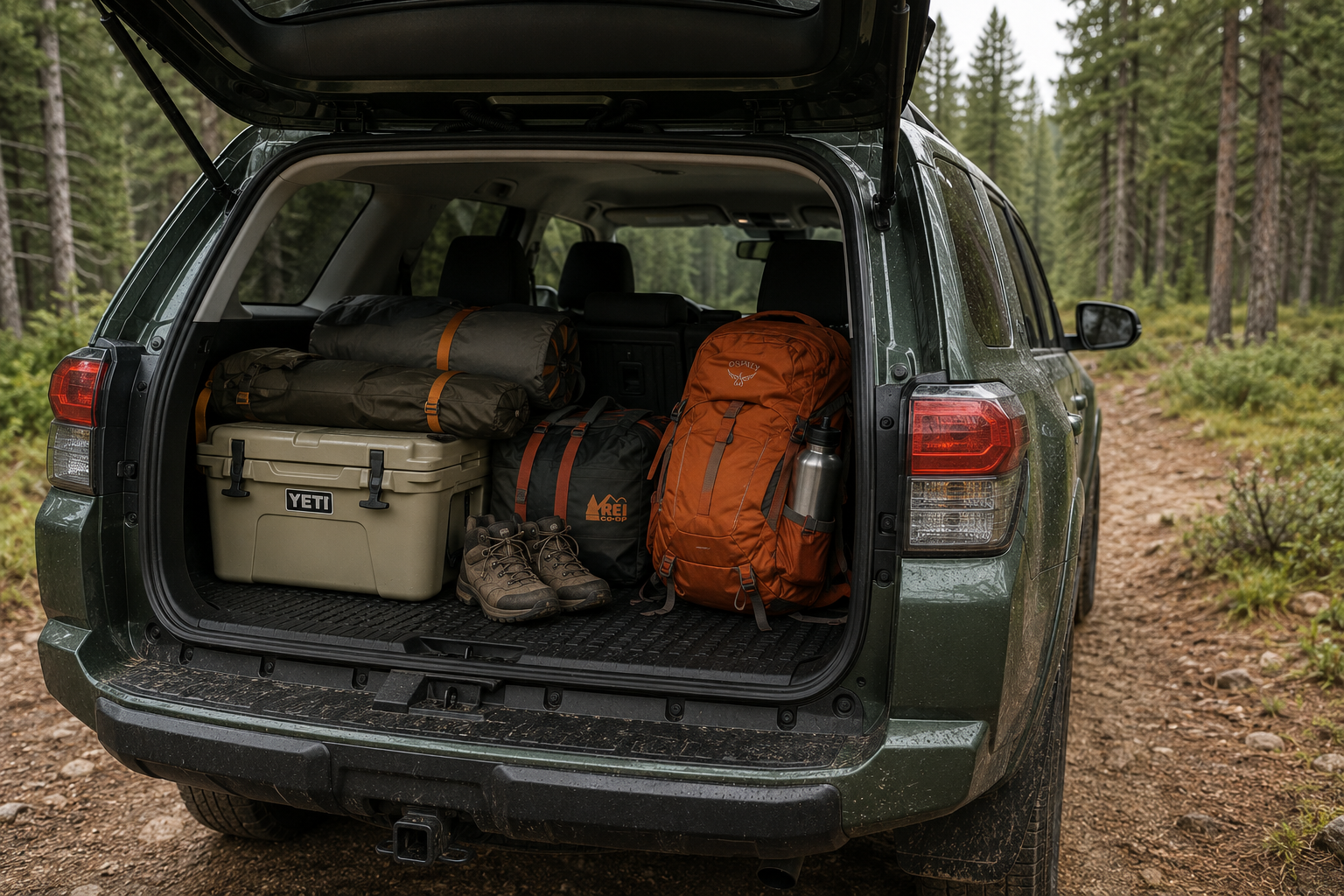 The 4Runner's rugged rear cargo area with the tailgate open, showing outdoor gear in natural daylight.