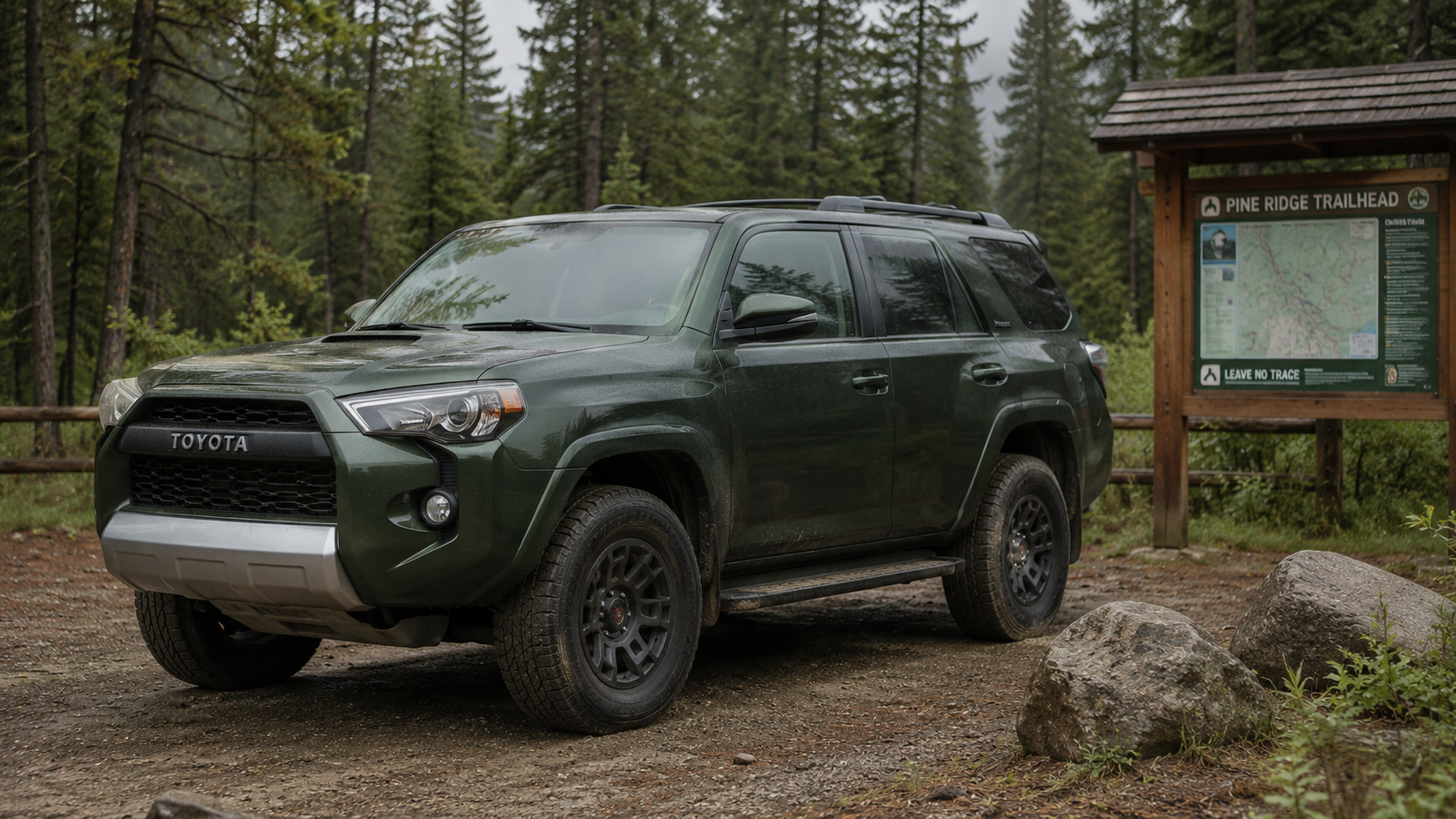 A dark green 2026 Toyota 4Runner parked at a forest trailhead in overcast natural light, shot in a documentary outdoor style.