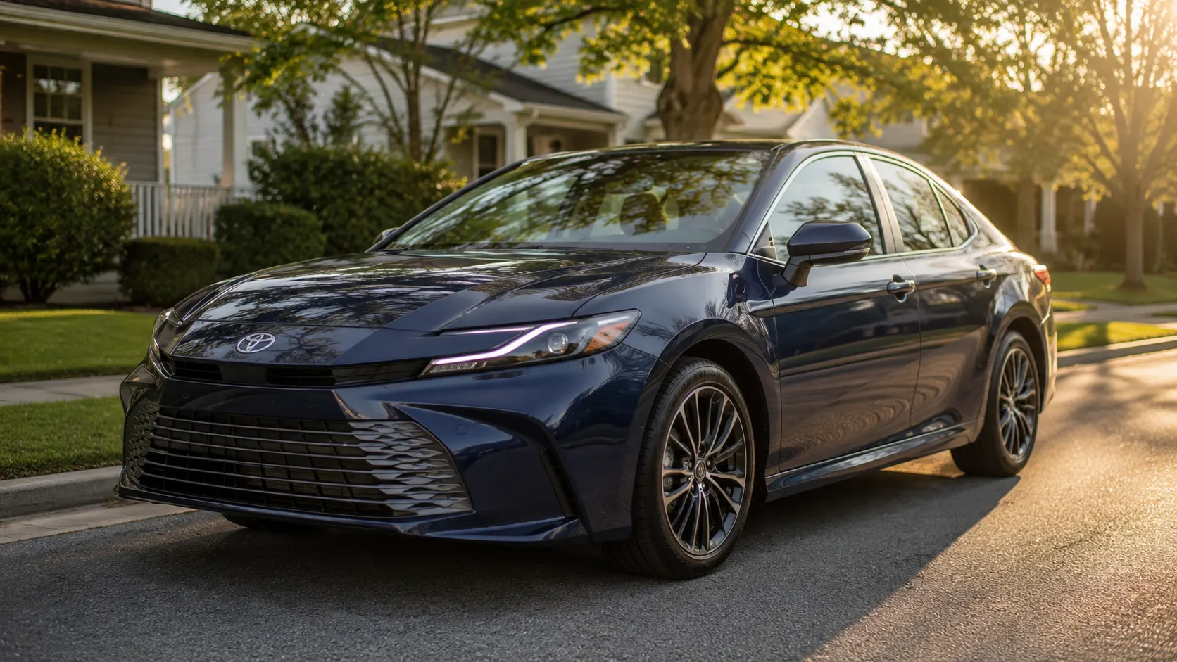 A dark blue 2026 Toyota Camry parked on a quiet residential street at golden hour, shot in a natural, unposed documentary style.