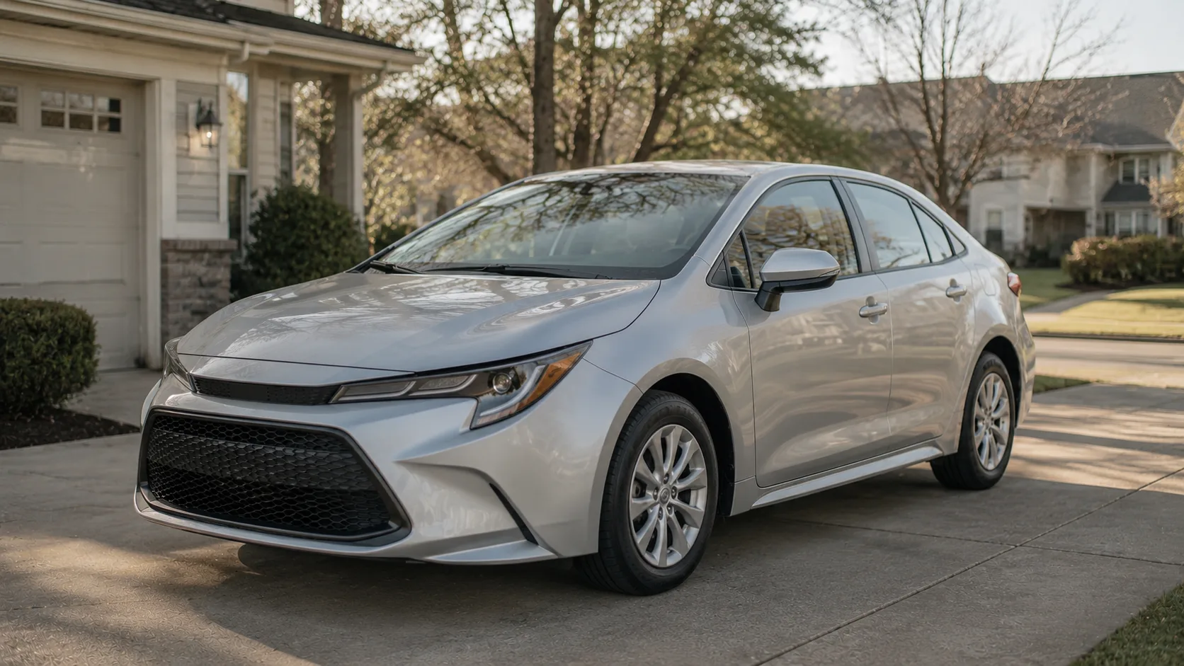 A silver 2026 Toyota Corolla parked in a suburban driveway in soft late-afternoon daylight, shot candidly at a slight three-quarter angle.