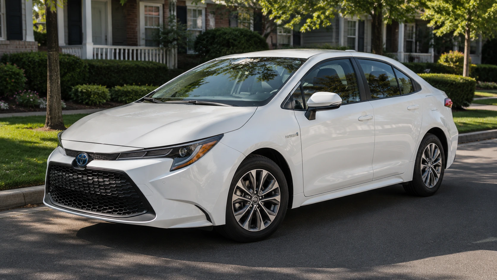 A white 2026 Toyota Corolla Hybrid sedan parked on a quiet residential street in natural daylight, shot candidly at a three-quarter angle.
