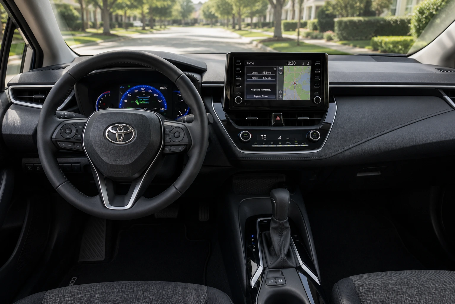 The dashboard and hybrid-system gauge display of a Toyota Corolla Hybrid, lit by daylight through the windshield.