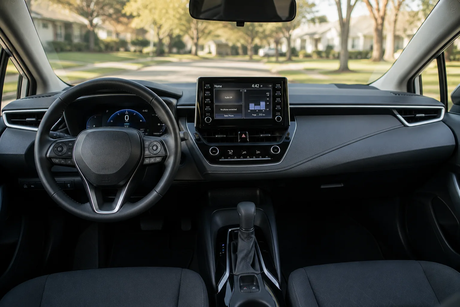 The clean, functional interior of a Toyota Corolla dashboard, lit by natural daylight through the windshield, showing the digital gauge cluster and center touchscreen.