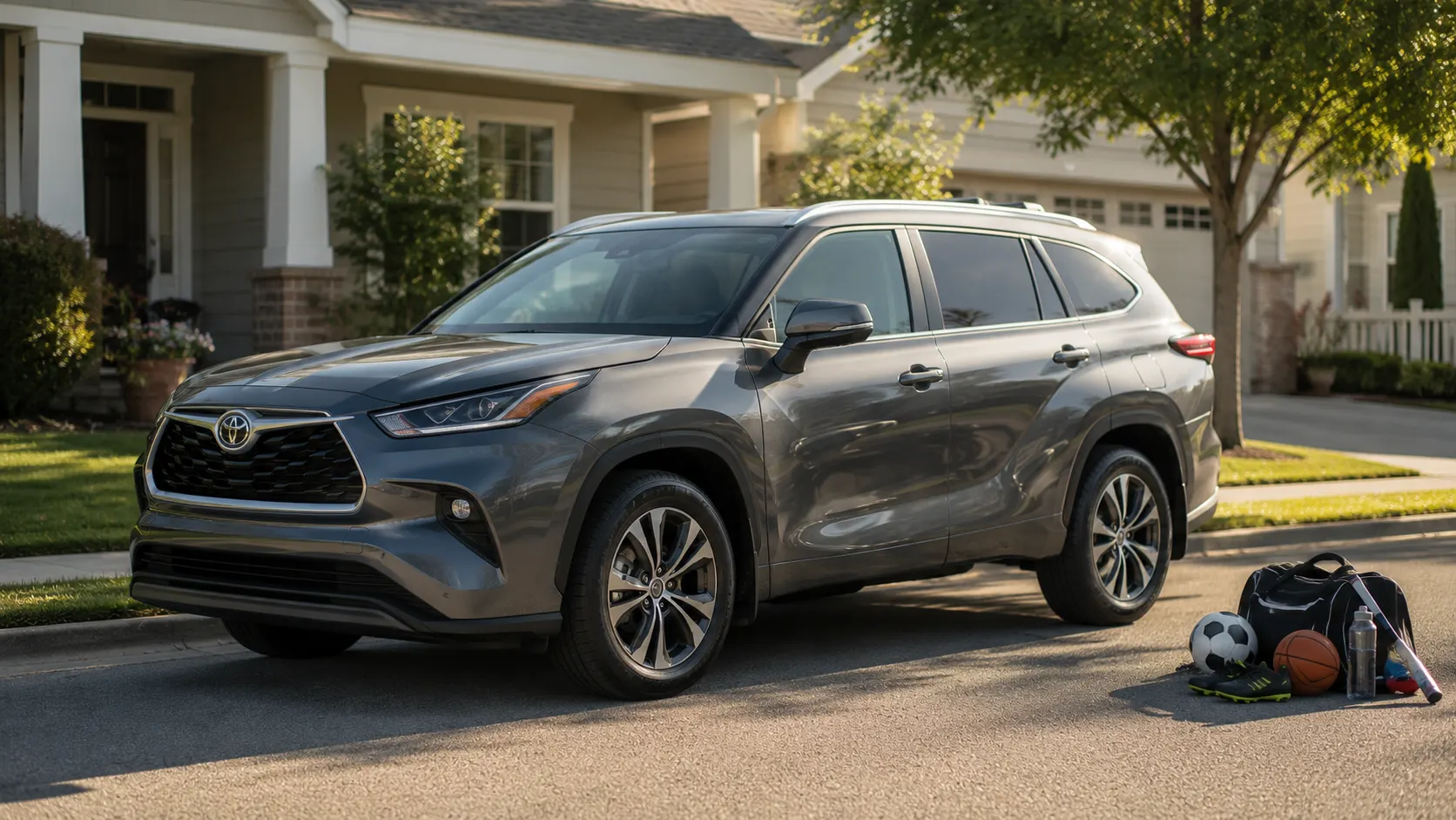 A gray 2026 Toyota Highlander parked in front of a suburban house on a sunny afternoon, shot candidly with kids' sports equipment visible nearby.