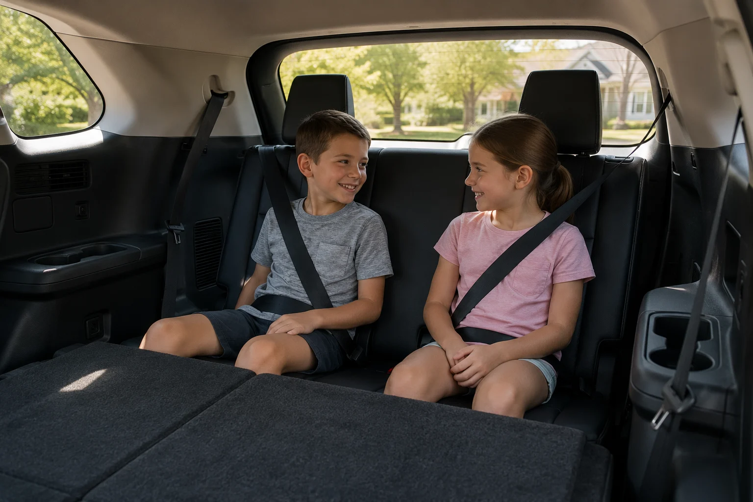 The Highlander's third-row seating shown folded and in use, lit by natural daylight through the rear windows.
