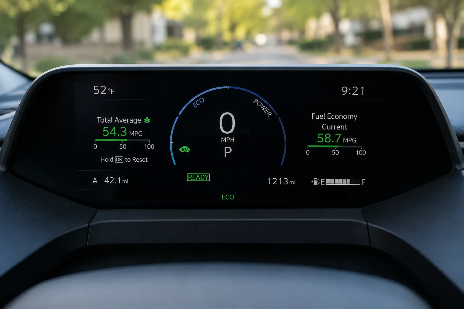 A close-up of the Prius's hybrid system gauge cluster showing real-time fuel economy readout in natural daylight.