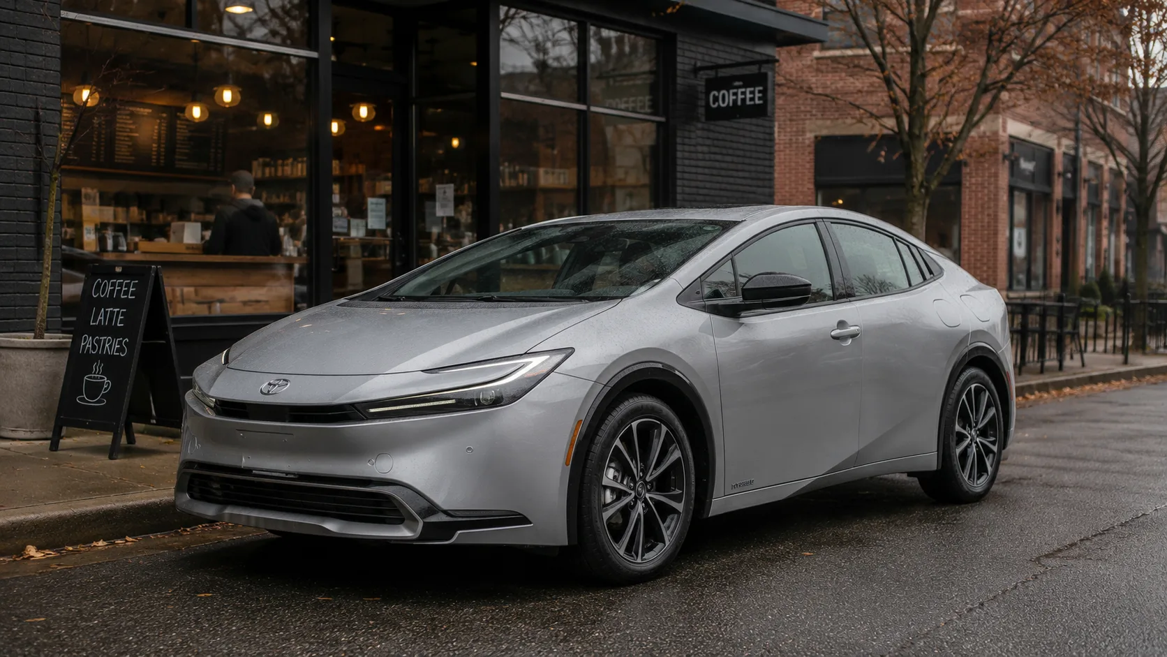 A silver 2026 Toyota Prius parked outside a coffee shop on an overcast morning, shot candidly in natural light.