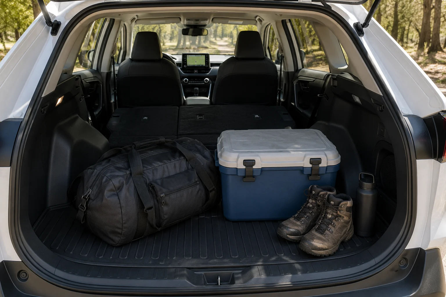 The RAV4's cargo area with the rear seats folded down, shown in natural light with everyday cargo like a duffel bag and a cooler.