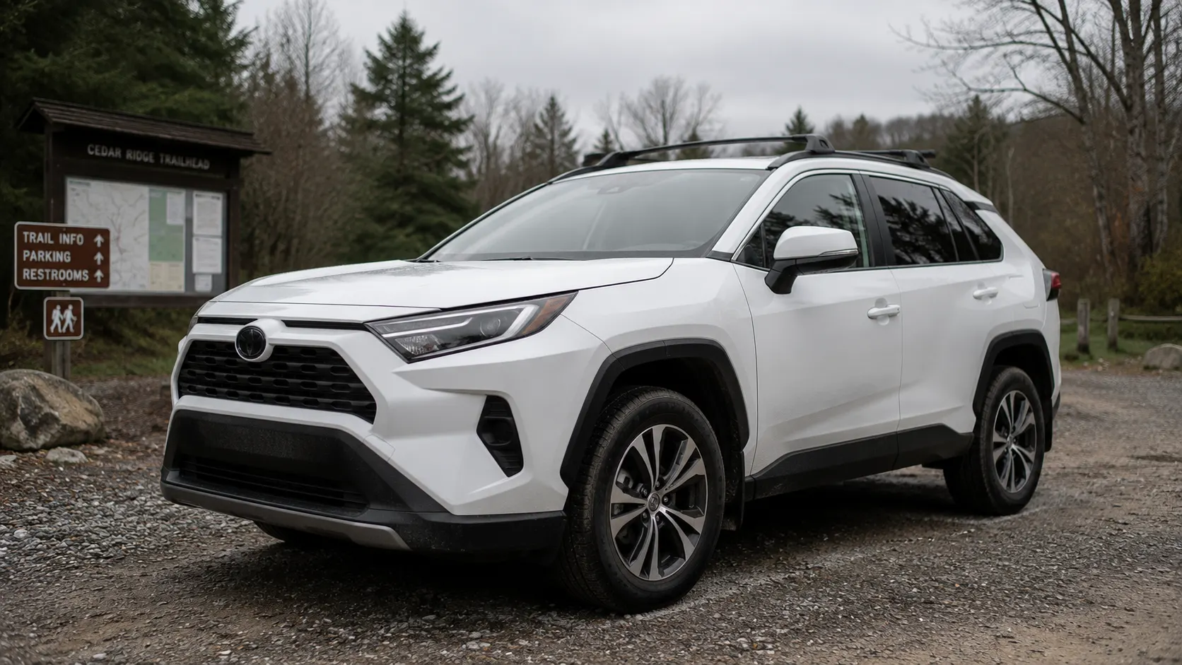 A white 2026 Toyota RAV4 parked at a trailhead in overcast, diffused daylight, shot from a slight low angle in a documentary style.