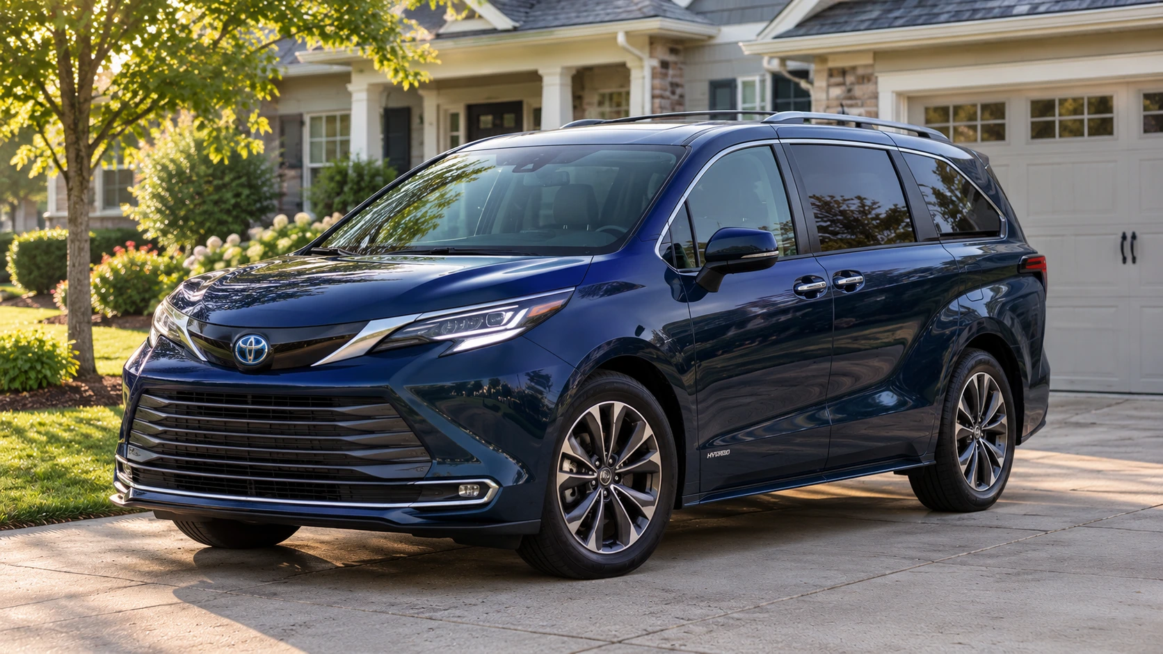 A dark blue 2026 Toyota Sienna minivan parked in front of a suburban home in soft morning light, shot candidly at a three-quarter angle.