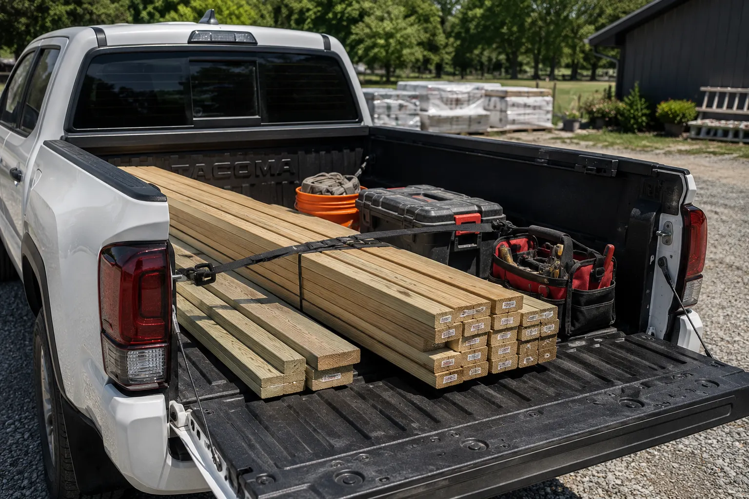 The Tacoma's truck bed loaded with lumber and tools, photographed in natural outdoor light.