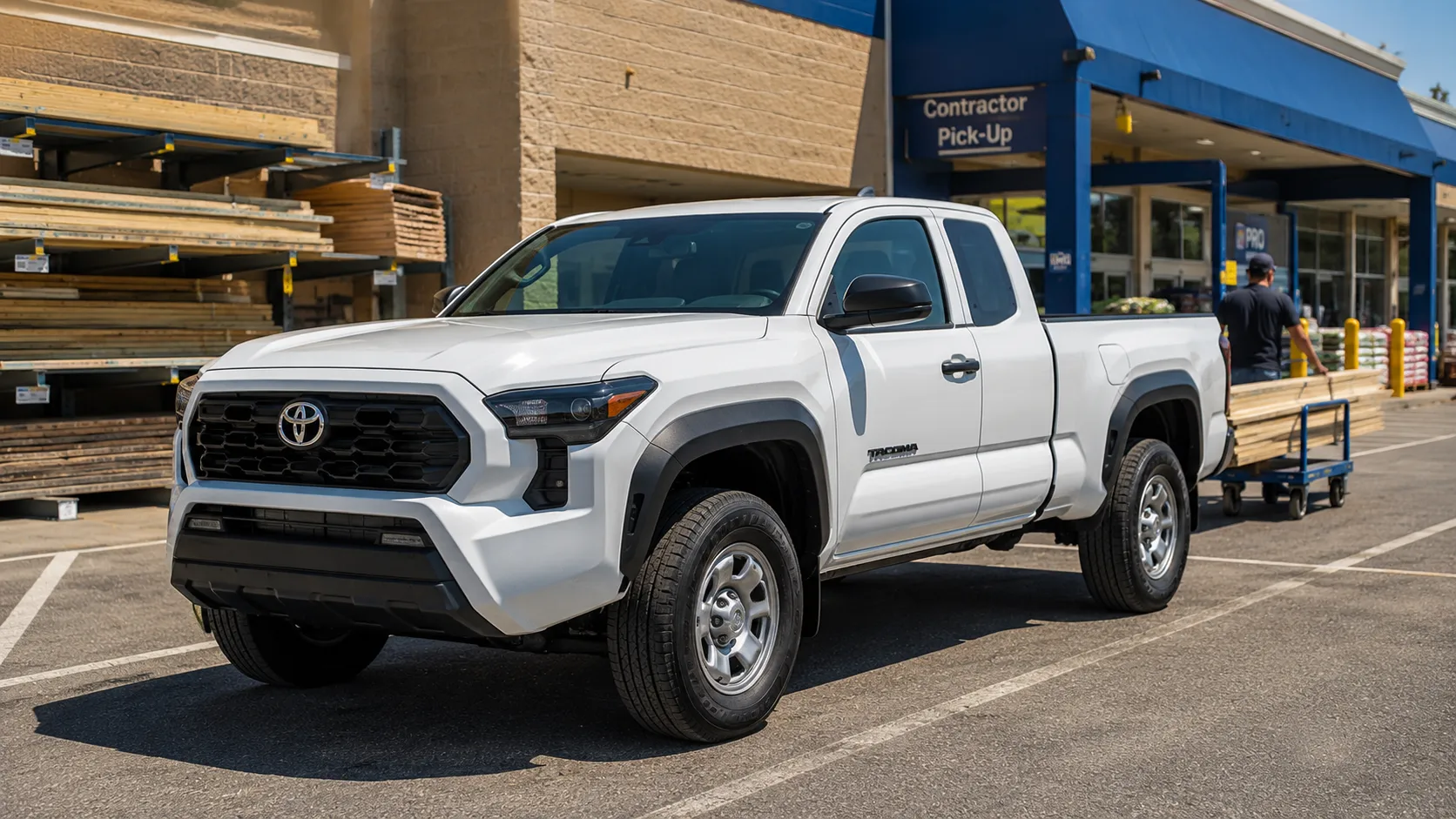 A white 2026 Toyota Tacoma parked at a hardware store parking lot in bright midday sun, shot in a candid, work-truck documentary style.
