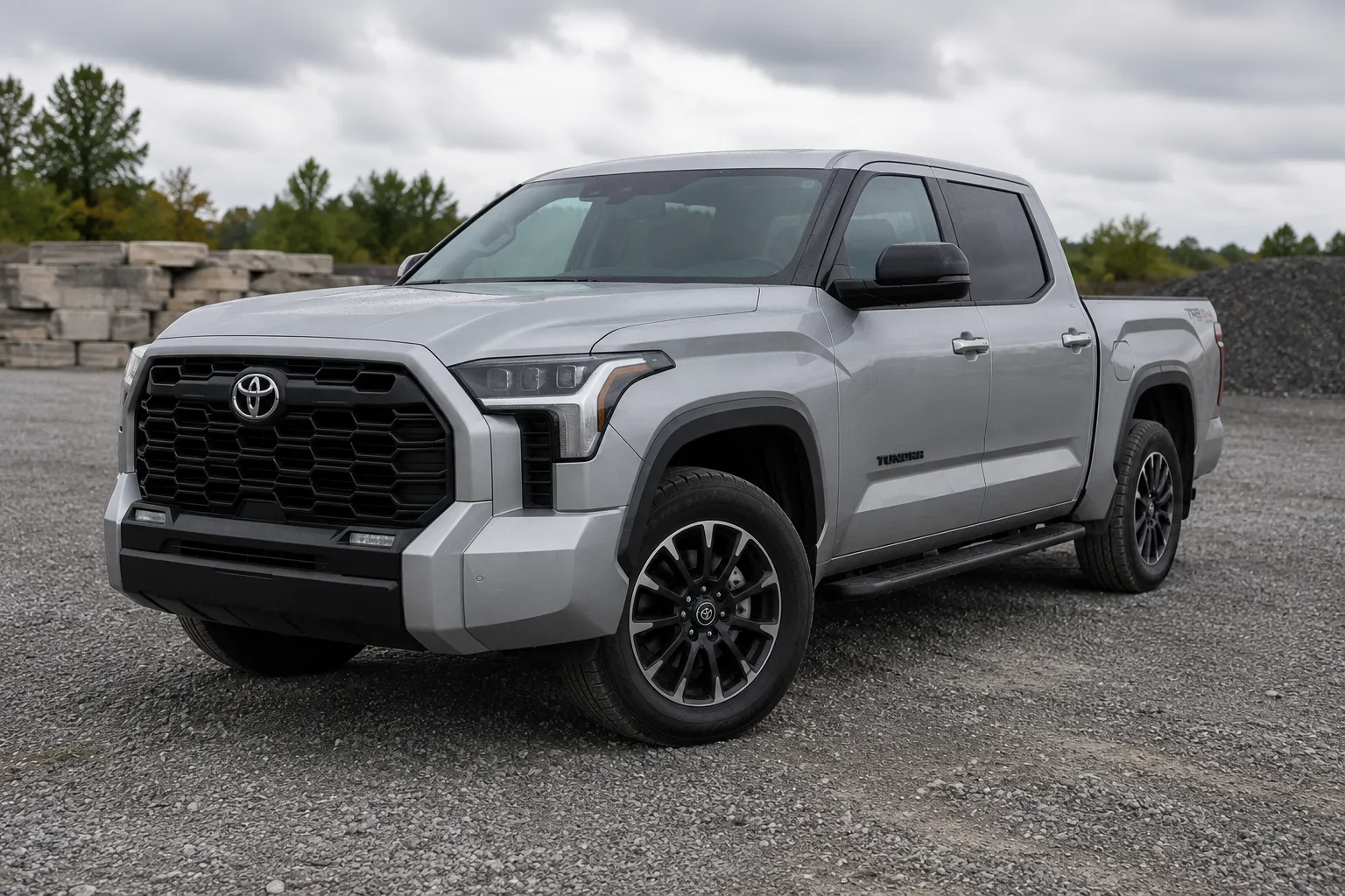 The Tundra's front three-quarter view in a gravel lot under natural overcast light.