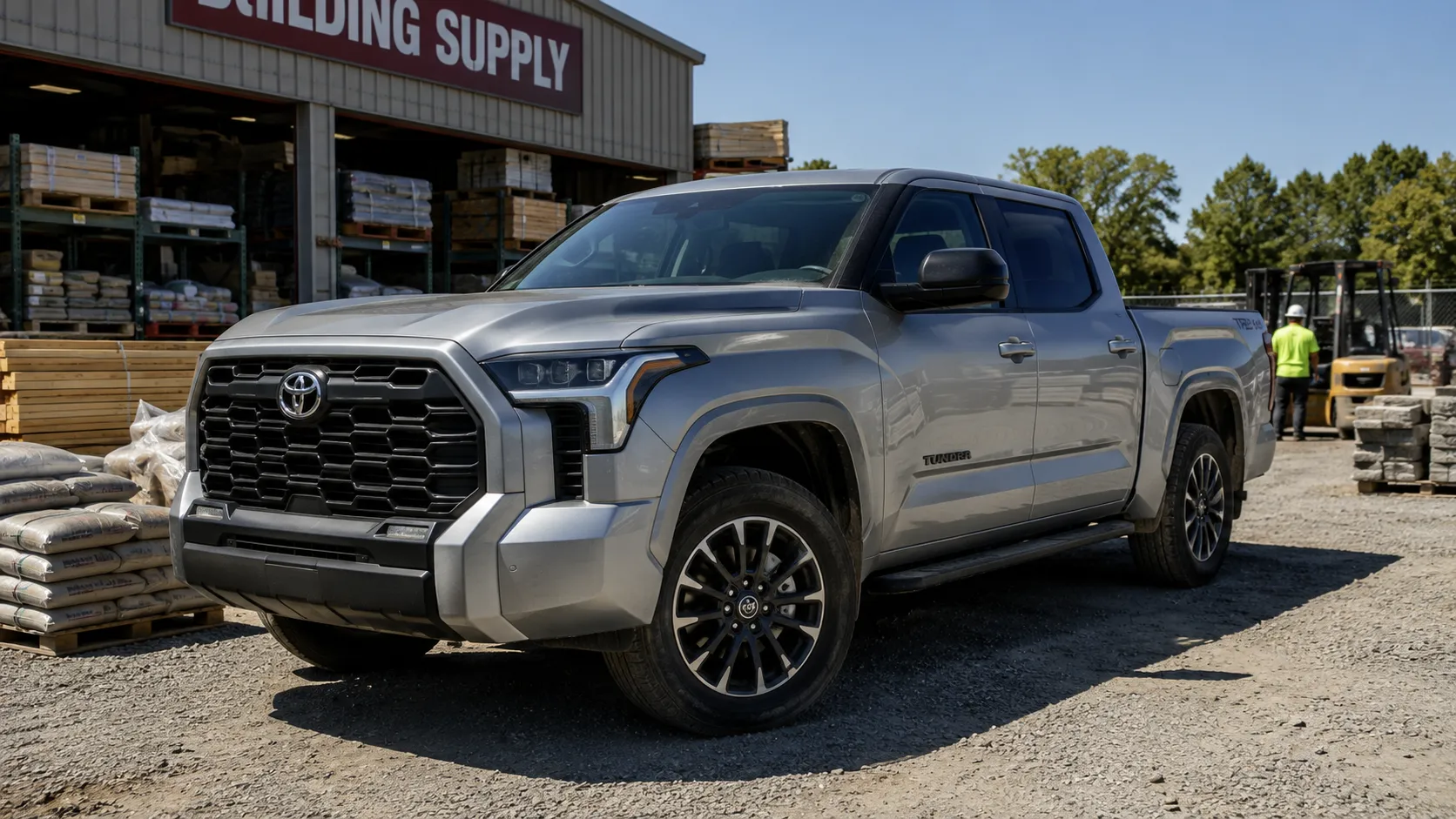 A silver 2026 Toyota Tundra parked at a construction supply yard in bright daylight, shot in a candid work-truck style.