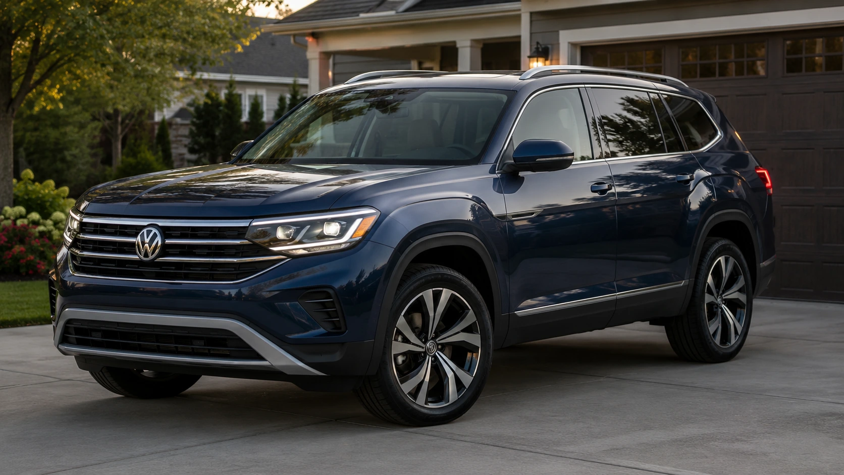 A dark blue 2026 Volkswagen Atlas 3-row SUV parked in a suburban driveway in soft evening light, shot candidly at a three-quarter angle.