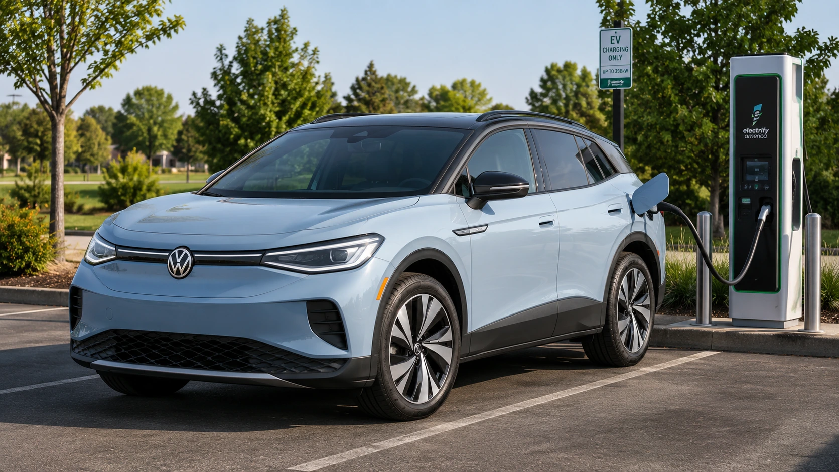 A pale blue 2026 Volkswagen ID.4 electric crossover parked at a charging station in daylight, shot candidly at a three-quarter angle.