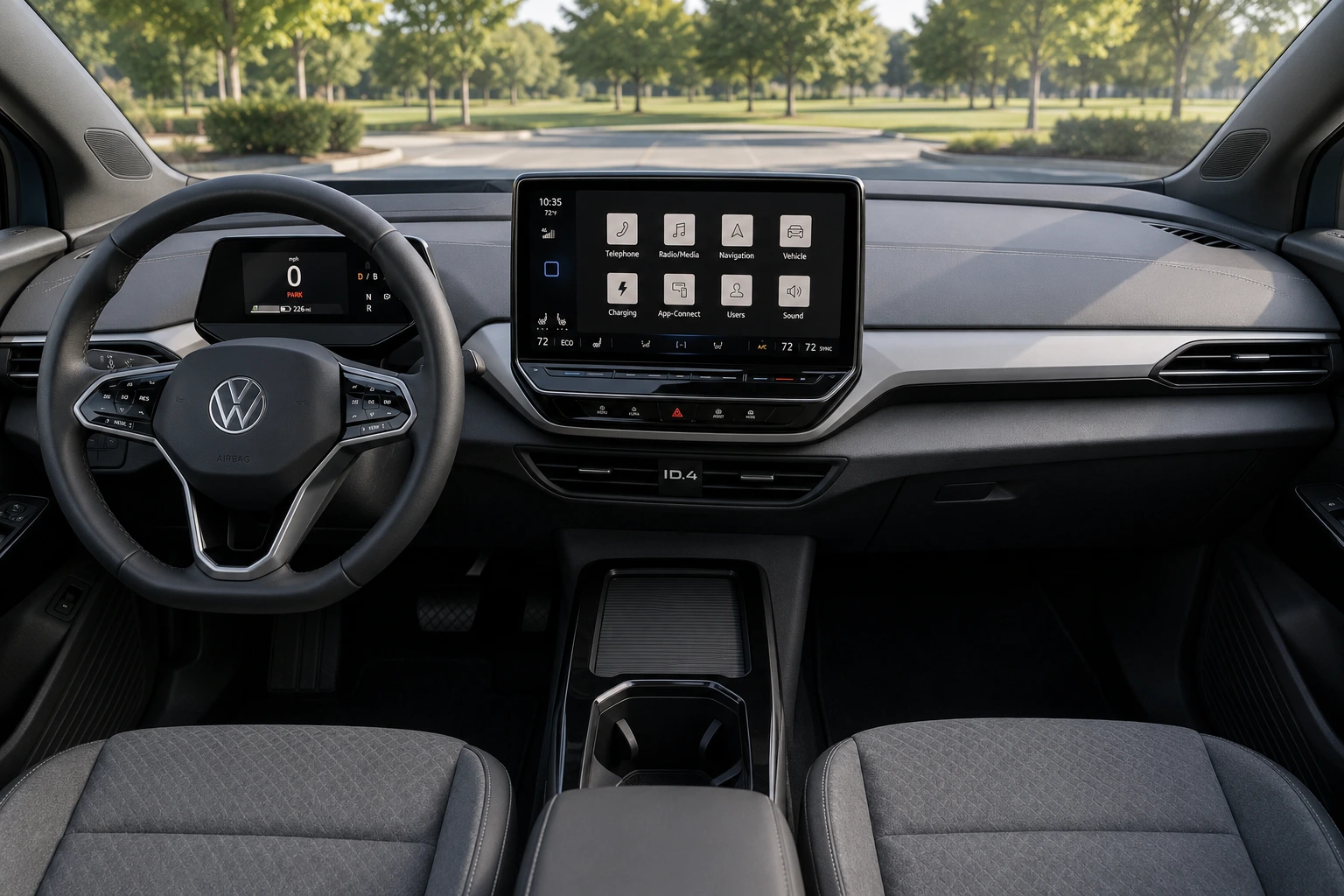 The minimalist dashboard and 12.9-inch touchscreen of a Volkswagen ID.4, lit by natural daylight.