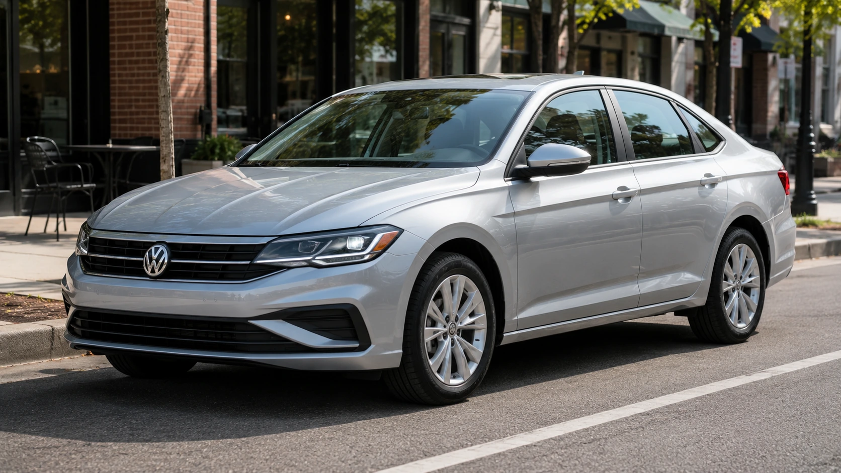 A silver 2026 Volkswagen Jetta sedan parked on a city street in daylight, shot candidly at a three-quarter angle.
