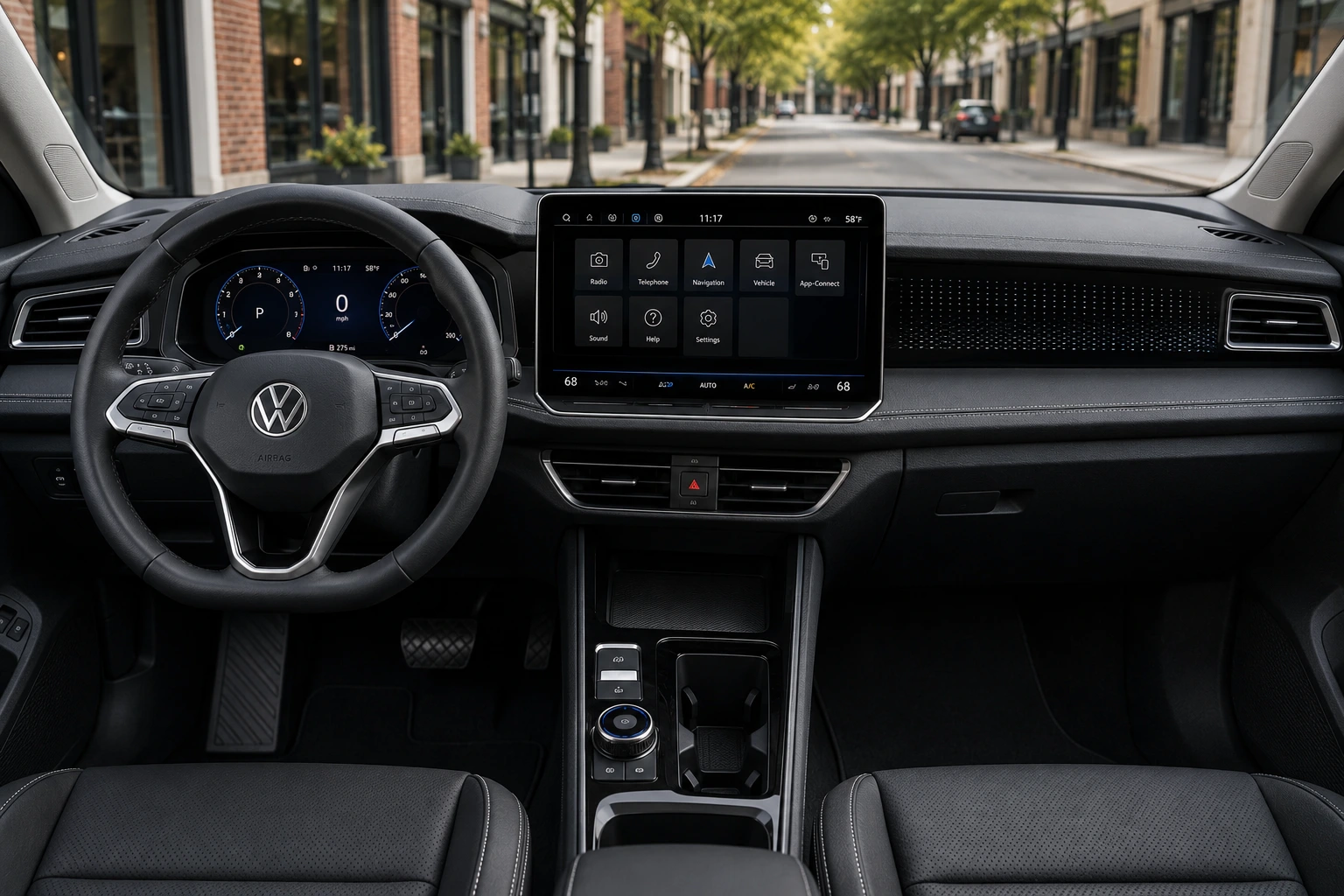 The dashboard and 12-inch touchscreen of a Volkswagen Tiguan, lit by natural daylight.