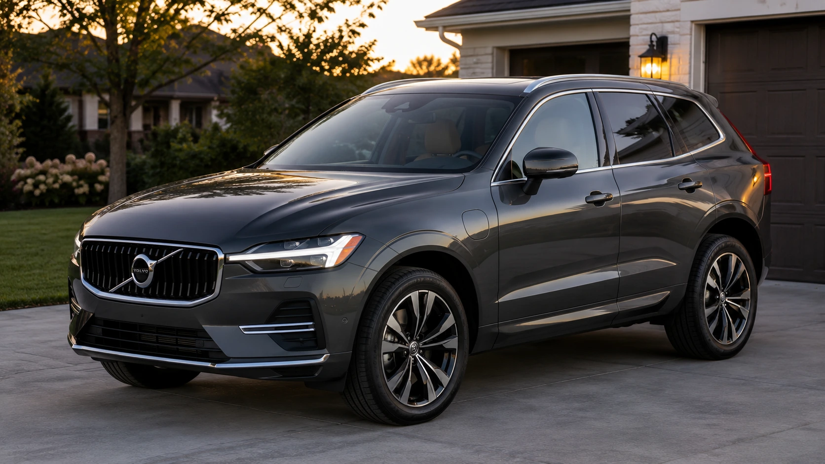 A dark gray 2026 Volvo XC60 SUV parked in a suburban driveway in soft evening light, shot candidly at a three-quarter angle.