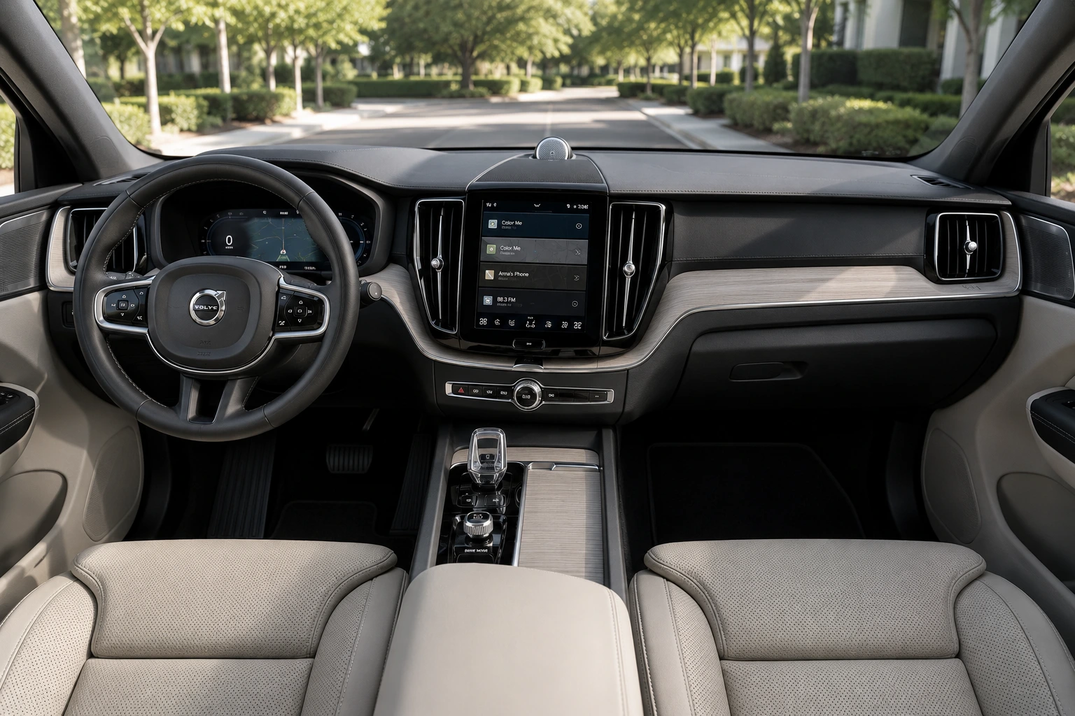 The Scandinavian-minimalist dashboard and portrait touchscreen of a Volvo XC60, lit by natural daylight.