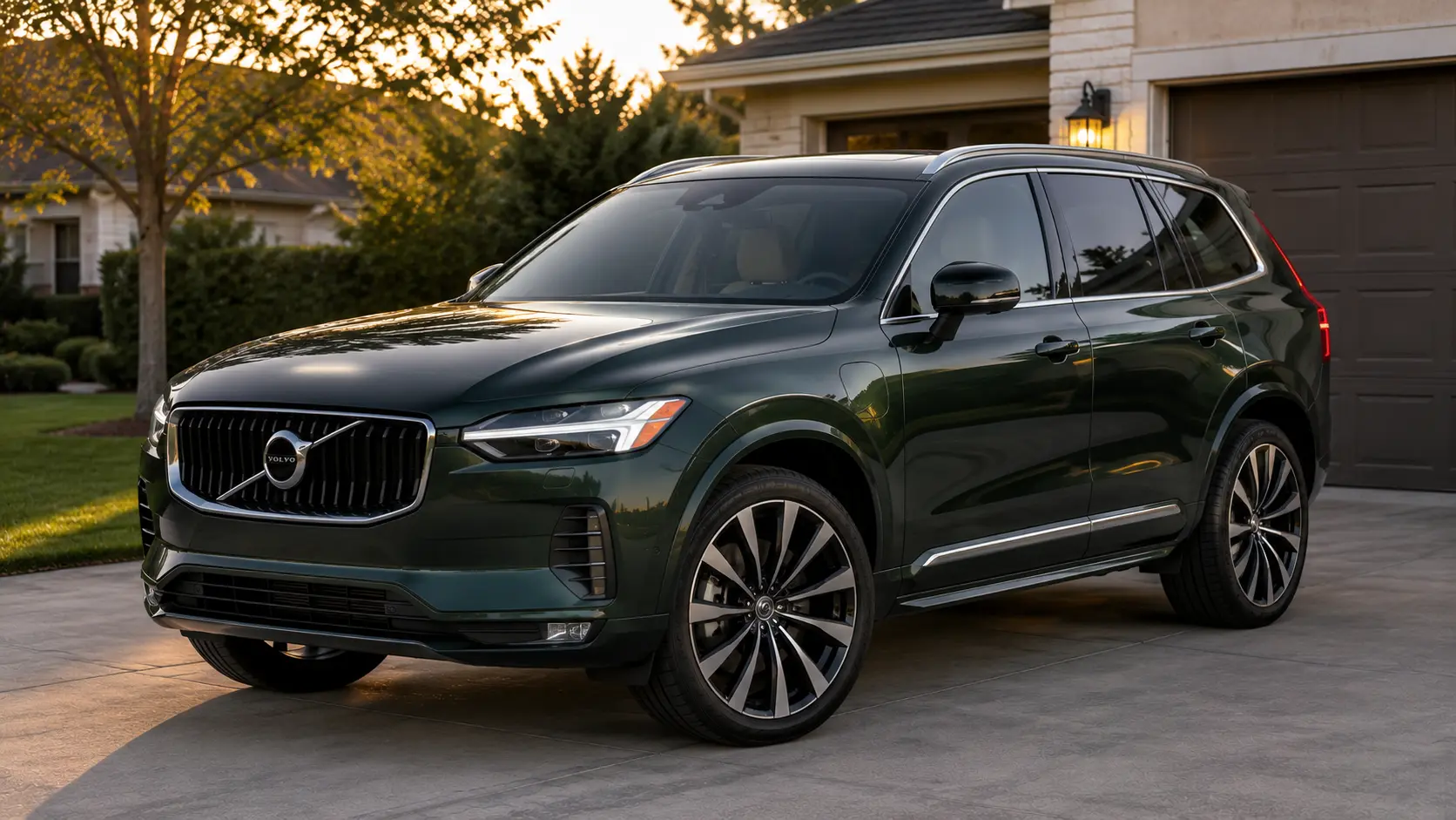 A dark green 2026 Volvo XC90 3-row SUV parked in a suburban driveway in soft evening light, shot candidly at a three-quarter angle.